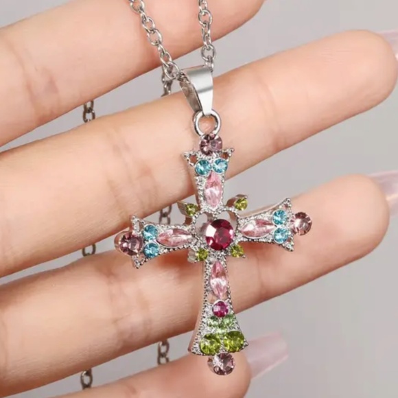 Pink Crystal Cross Pendant Necklace - Gothic Punk Style W/ Zirconia - Silvery - Picture 4 of 5